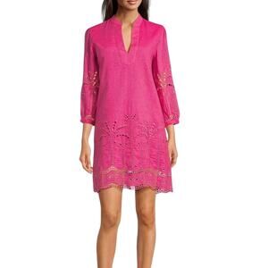 J.McLaughlin Woven Eyelet Split V-Neck 3/4 Sleeve Pink Dress Size XS